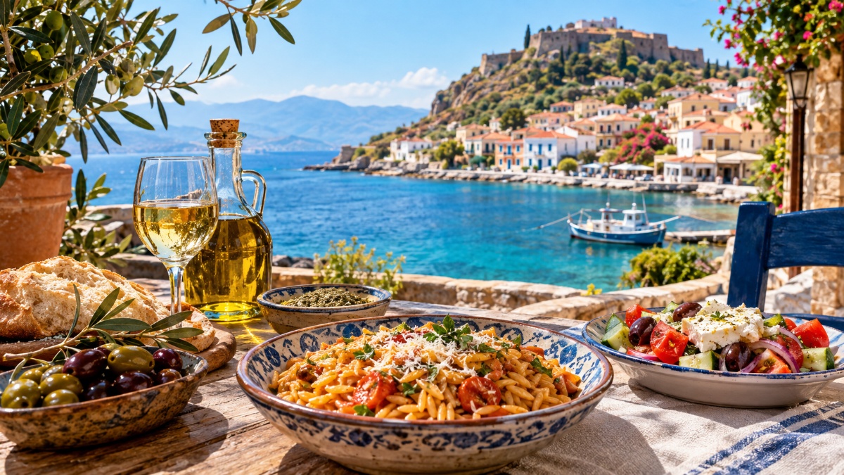 Mediterrane Tafel mit griechischem Küstenblick